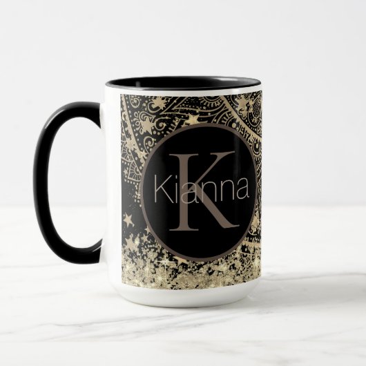 Mug Gold Lotus Mandala Glittery Stars Monogramme (Gauche)
