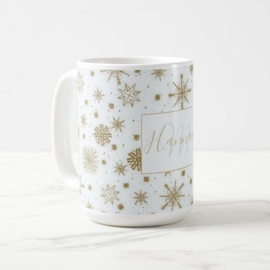 Mug Gold Snowflakes Design blanc (Devant gauche)