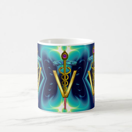 Mug GOLDEN CADUCEUS VETERINARY SYMBOL Blue Turquoise (Centre)