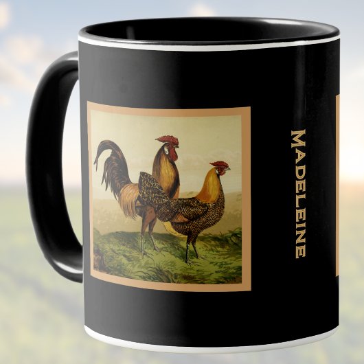 Mug Golden Penciled Hamburg Roosters Black Monogram