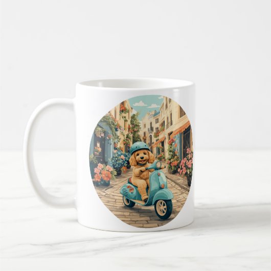 Mug Goldendoodle Dog Riding Scooter European Streets (Gauche)