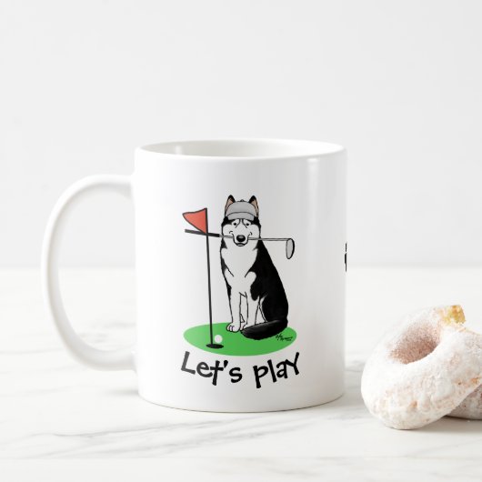 Mug Golf Sibérien Husky (noir) Chien Jouant Mal Drôle (Avec donut)
