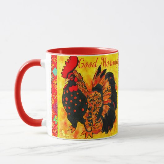 Mug  Good Morning Text Rooster Red Orange Drawing  (Gauche)