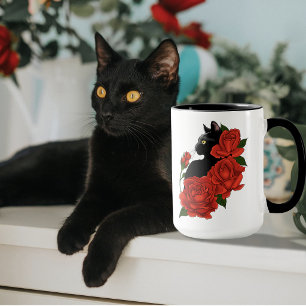 Mug Gothique Chat Noir Roses Rouges Violet