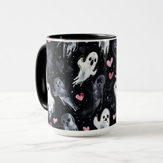 Mug Gothique Éffrayant Valentin Fantômes avec Coeurs (Devant gauche)