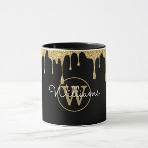 Mug Gouttes de paillettes dorées Monogramme Script Noi