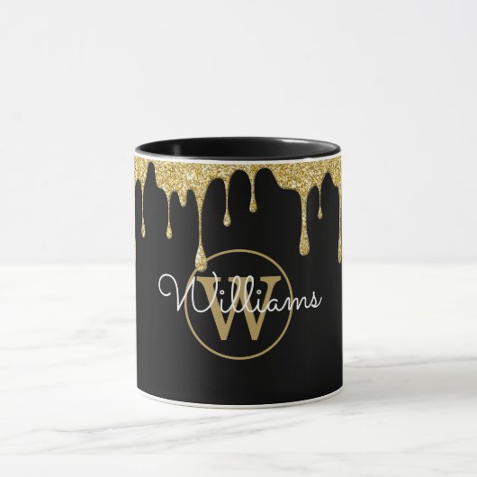 Mug Gouttes de paillettes dorées Monogramme Script Noi (Centre)