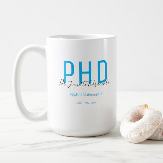 Mug Graduate Keepsaké bleu Noir Nom PhD (Avec donut)