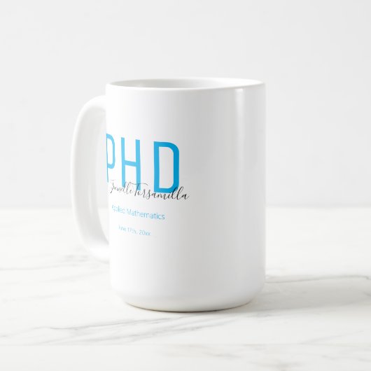 Mug Graduate Keepsaké bleu Noir Nom PhD (Devant gauche)