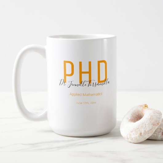 Mug Graduate Keepsaké Orange Noir Nom PhD (Avec donut)