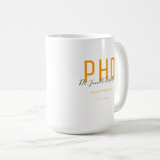 Mug Graduate Keepsaké Orange Noir Nom PhD (Devant droit)