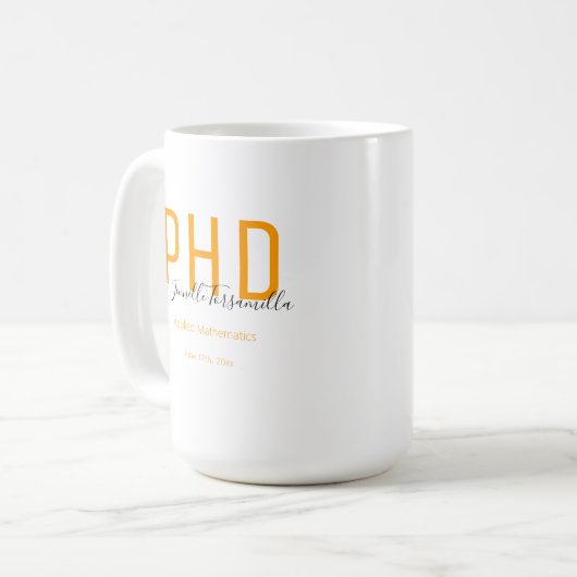 Mug Graduate Keepsaké Orange Noir Nom PhD (Devant gauche)