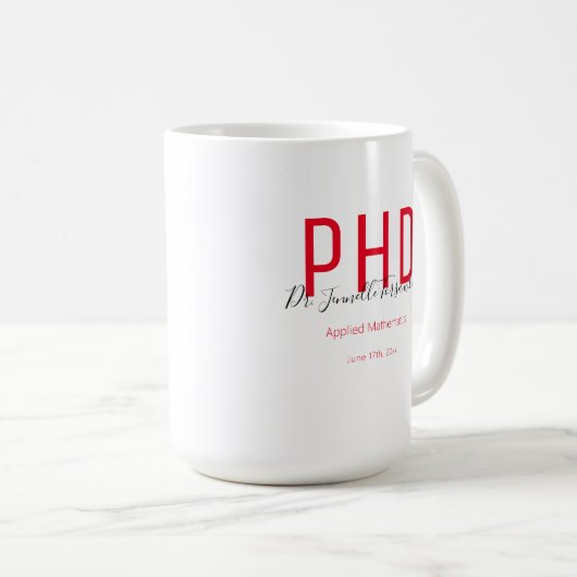 Mug Graduate Keepsaké Rouge Nom noir PhD (Devant droit)