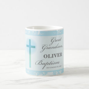 Mug Grand Baptême petit-fils Bleu dentelle personnalis