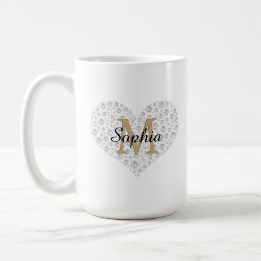 Mug Grand Coeur Diamant, Monogramme Or, Nom Du Script (Gauche)