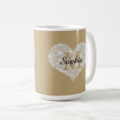 Mug Grand Cœur Diamant, Monogramme Or, Nom en Script (Devant droit)