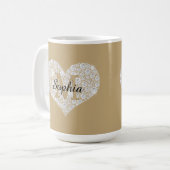 Mug Grand Cœur Diamant, Monogramme Or, Nom en Script (Devant gauche)