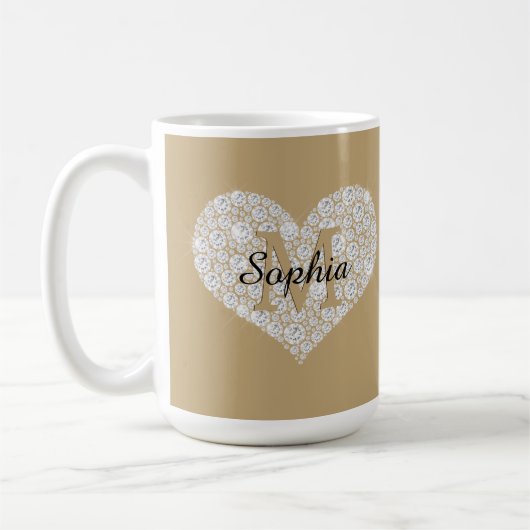 Mug Grand Cœur Diamant, Monogramme Or, Nom en Script (Gauche)