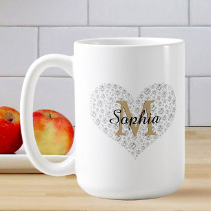 Mug Grand Cœur en Diamant, Monogramme en Or, Nom en Sc