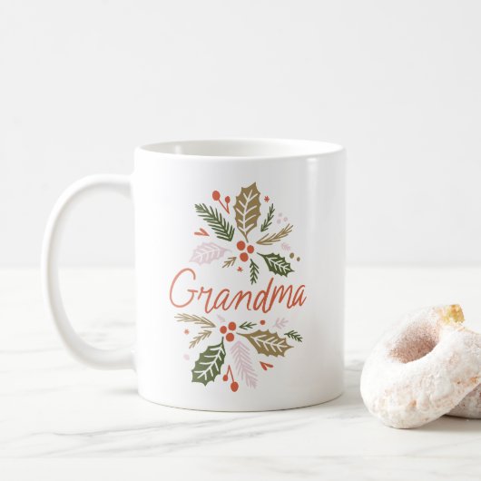 Mug Grand-mère brillant Holly Noël Rouge Script (Avec donut)