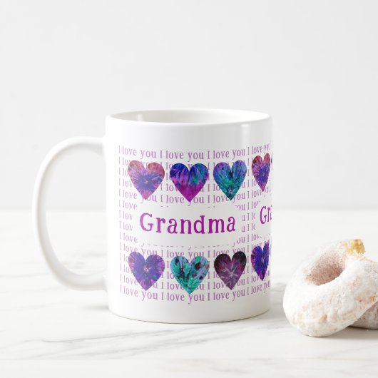 Mug Grand-mère Je t'aime Aquarelle Coeurs rose (Avec donut)