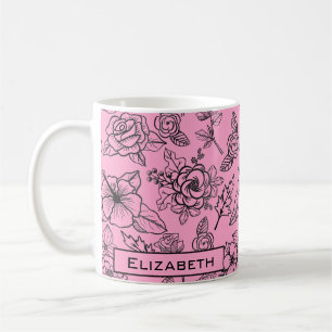 Mug Grand motif fleuri rose nom personnalisé