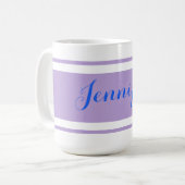Mug Grand nom de script bleu, Lavender Strips sur blan (Devant gauche)