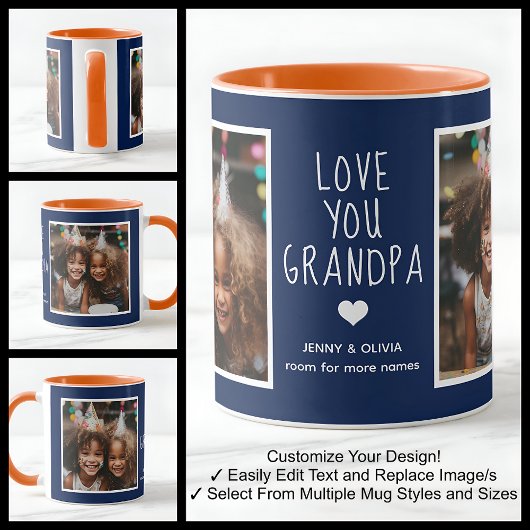 Mug Grand-père Aimez-vous 2 Photos Modern Navy Blue C4