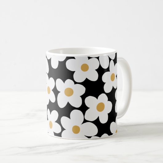 Mug Grandes Fleurs Blances Blances Retro Design Noir (Devant droit)