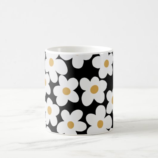 Mug Grandes Fleurs Blances Blances Retro Design Noir (Centre)