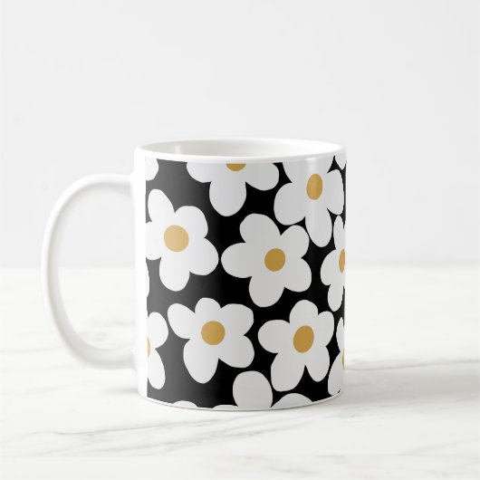 Mug Grandes Fleurs Blances Blances Retro Design Noir (Gauche)