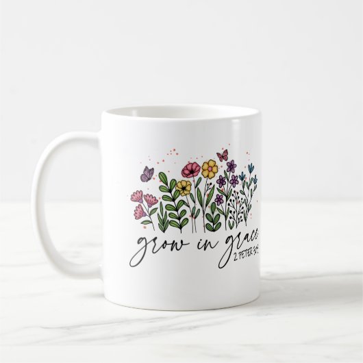 Mug Grandir en grâce - 2e Pierre 3:18 Floral Christian (Gauche)