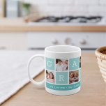 Mug Grandma Photo Collage & Grandchildren Noms<br><div class="desc">Créez un doux souvenir pour une grand-mère bien-aimée cette Fête des Mères ou Fête des Grands-Parents. Ce design simple comprend sept de vos photos préférées de carré ou Instagram, disposées dans un montage avec des carrés alternatifs en aqua clair, avec l'inscription "Grand-mère". Personnalisez avec les photos préférées de ses petits-enfants,...</div>