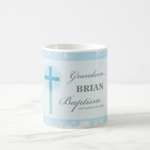 Mug Grandson Baptême bleu dentelle personnalisée