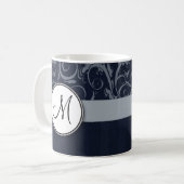 Mug Gray and Navy Floral Wisps & Stripes avec Monogram (Devant gauche)