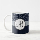 Mug Gray and Navy Floral Wisps & Stripes avec Monogram (Gauche)