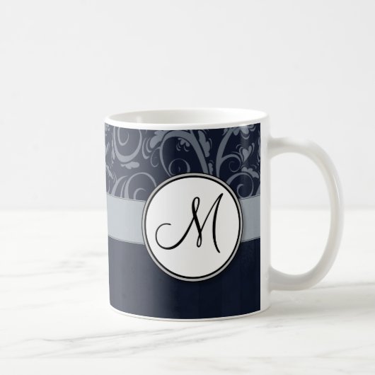 Mug Gray and Navy Floral Wisps & Stripes avec Monogram (Droite)