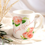 Mug Great Grandma Aquarelle Florale Coral Rose Rose<br><div class="desc">Jolie tasse de café, élégamment imprimée avec "arrière grand-mère" (ou votre choix de libellé). Cette aquarelle fleurie a des roses et des rossobuds dans les tons rose et vert corail. Le modèle est configuré pour que vous puissiez éditer la Grande grand-mère à votre nom ou un autre parent si vous...</div>