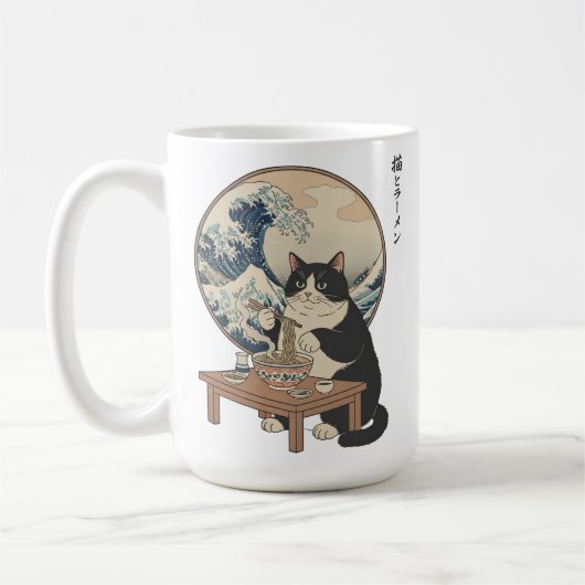 Mug Great Wave Japanese Cat Eating Ramen Funny Art (Gauche)