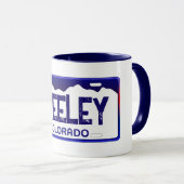 Mug Greeley Colorado plaque d'immatriculation bleue (Devant droit)