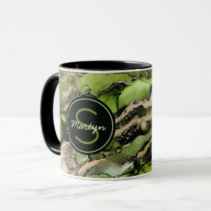 Mug Green Black Gold Nom personnalisé Abstrait