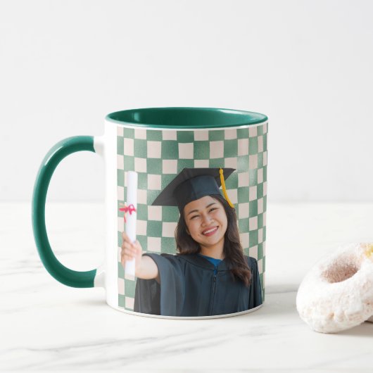 Mug Green Checkered Personalized Portrait Graduation (Avec donut)