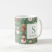 Mug Green Christmas Snowman & Reindeer Monogram Name (Devant droit)