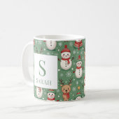 Mug Green Christmas Snowman & Reindeer Monogram Name (Devant gauche)