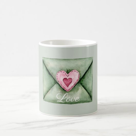 Mug Green Envelope Pink Love Heart (Centre)