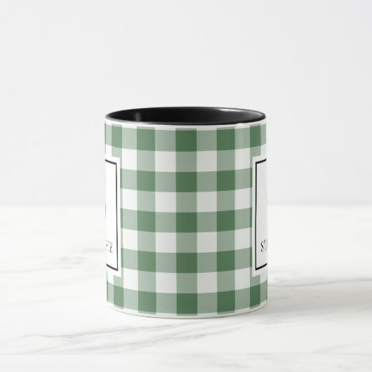 Mug Green & White Plaid Black Typography Monogram Name (Centre)