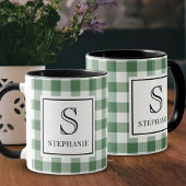 Mug Green & White Plaid Black Typography Monogram Name