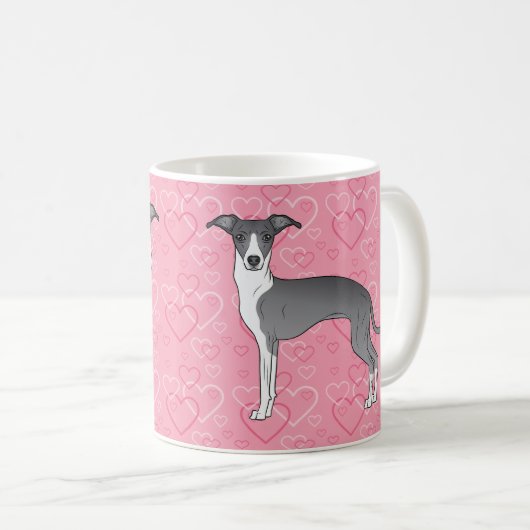 Mug Greyhound Italien Bleu Et Blanc Sur Coeurs Rose (Devant droit)
