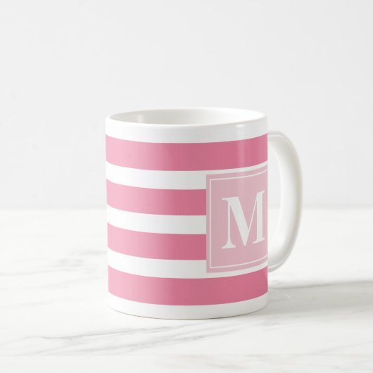 Mug Grille rose et blanche moderne avec Monogramme (Devant droit)