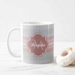 Mug Gris chic et rose cinglé rayures et monogramme